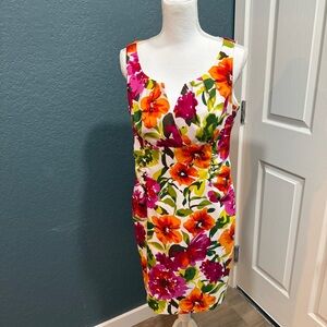 Ronni Nicole Vibrant Floral Print Sheath Midi Dress Size 12 Garden Tropical Chic